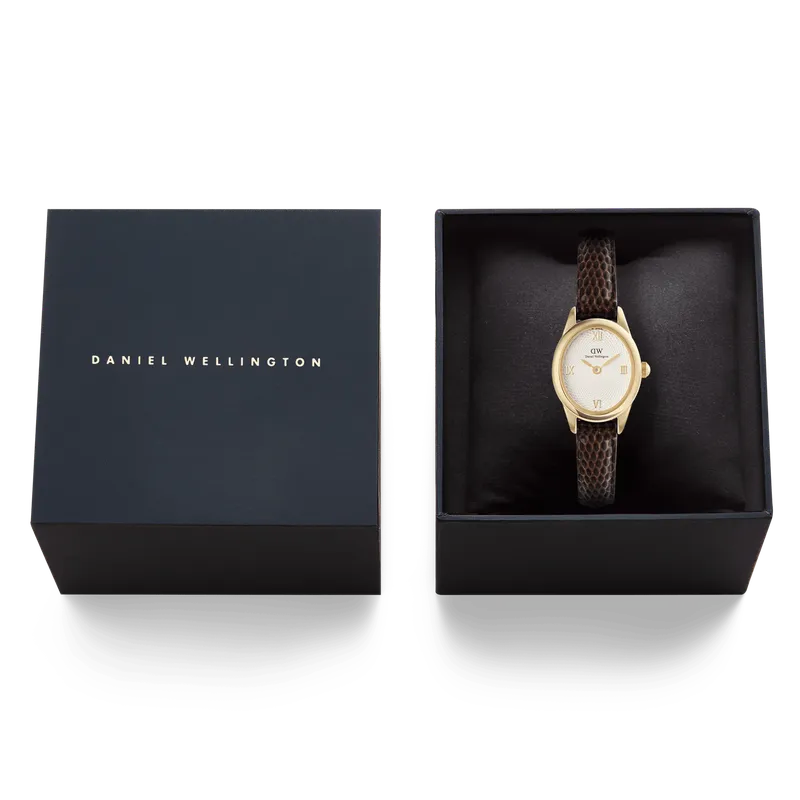 Daniel Wellington Ophelia Mini Dark Brown Lizard White Guilloché Gold Watch