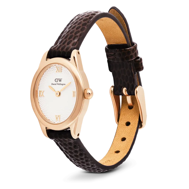 Daniel Wellington Ophelia Mini Dark Brown Lizard White Guilloché Rose Gold Watch
