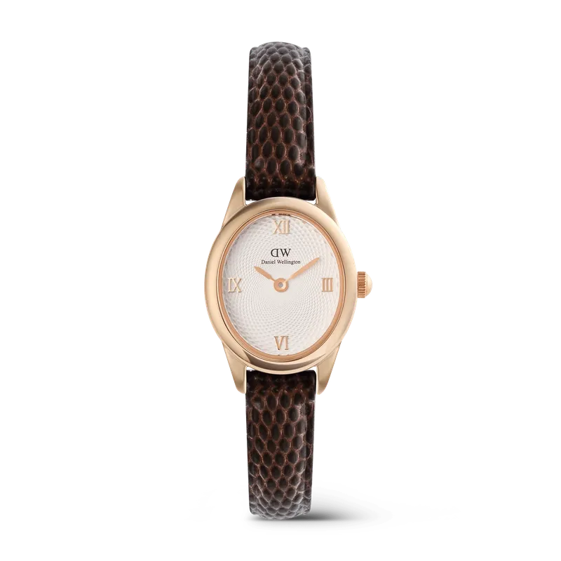 Daniel Wellington Ophelia Mini Dark Brown Lizard White Guilloché Rose Gold Watch