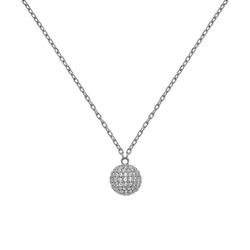 Daniel Wellington silver pendant necklace featuring a sparkling pavé crystal sphere on a delicate stainless steel chain.