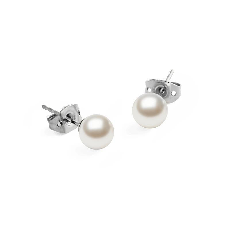 Elegant 6mm white Swarovski glass pearl stud earrings in a refined silver-tone finish for a timeless, minimalist look.
