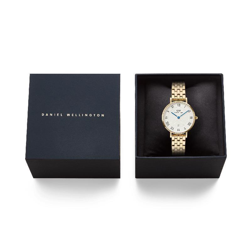 Daniel Wellington Petite 5-Link Gold Roman Numerals Date Watch
