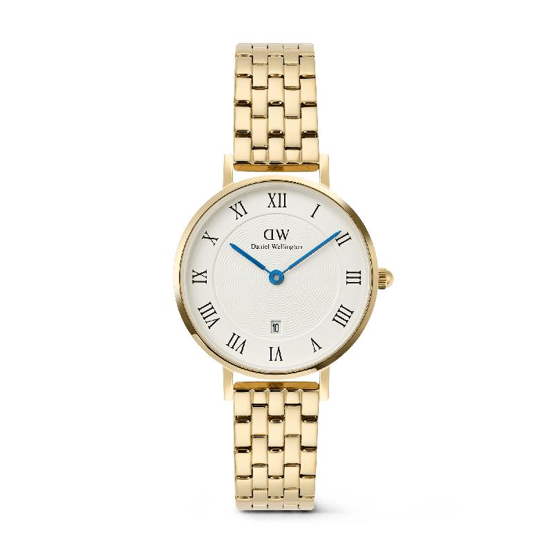 Daniel Wellington Petite 5-Link Gold Roman Numerals Date Watch