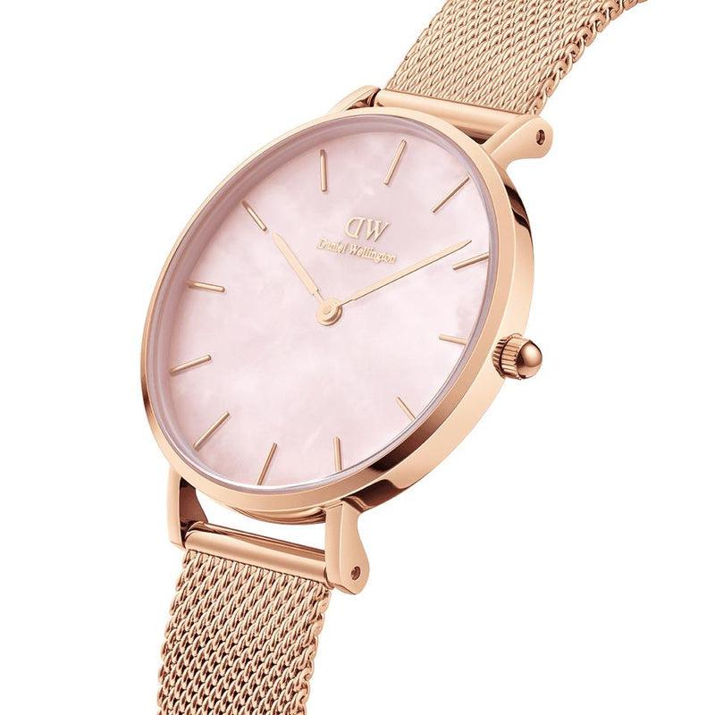 Daniel Wellington 28mm Petite watch featuring a pink mother-of-pearl dial and elegant rose gold mesh strap.