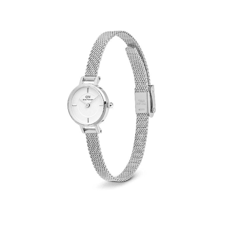 Daniel Wellington Petite Mini 19mm silver stainless steel watch with a sleek white dial and elegant mesh strap.