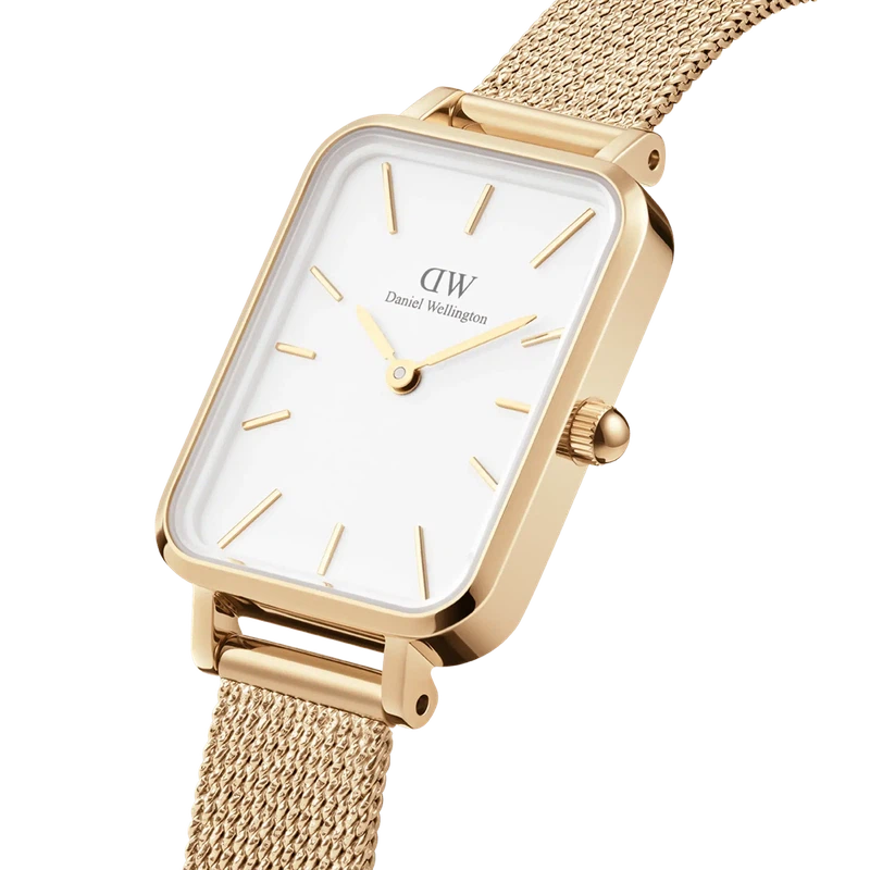 Daniel Wellington Quadro Pressed Evergold watch featuring a square white dial and elegant gold mesh strap.