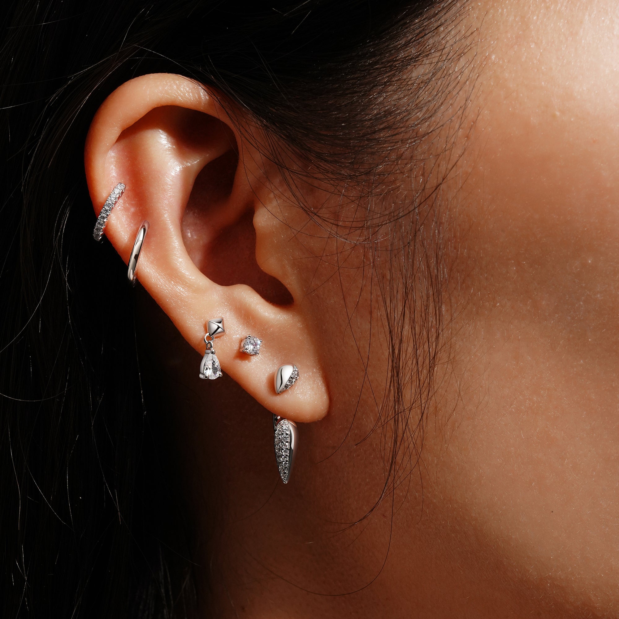 Elegant Silver Geometric Pyramid Dangle Threaded Stud Earrings