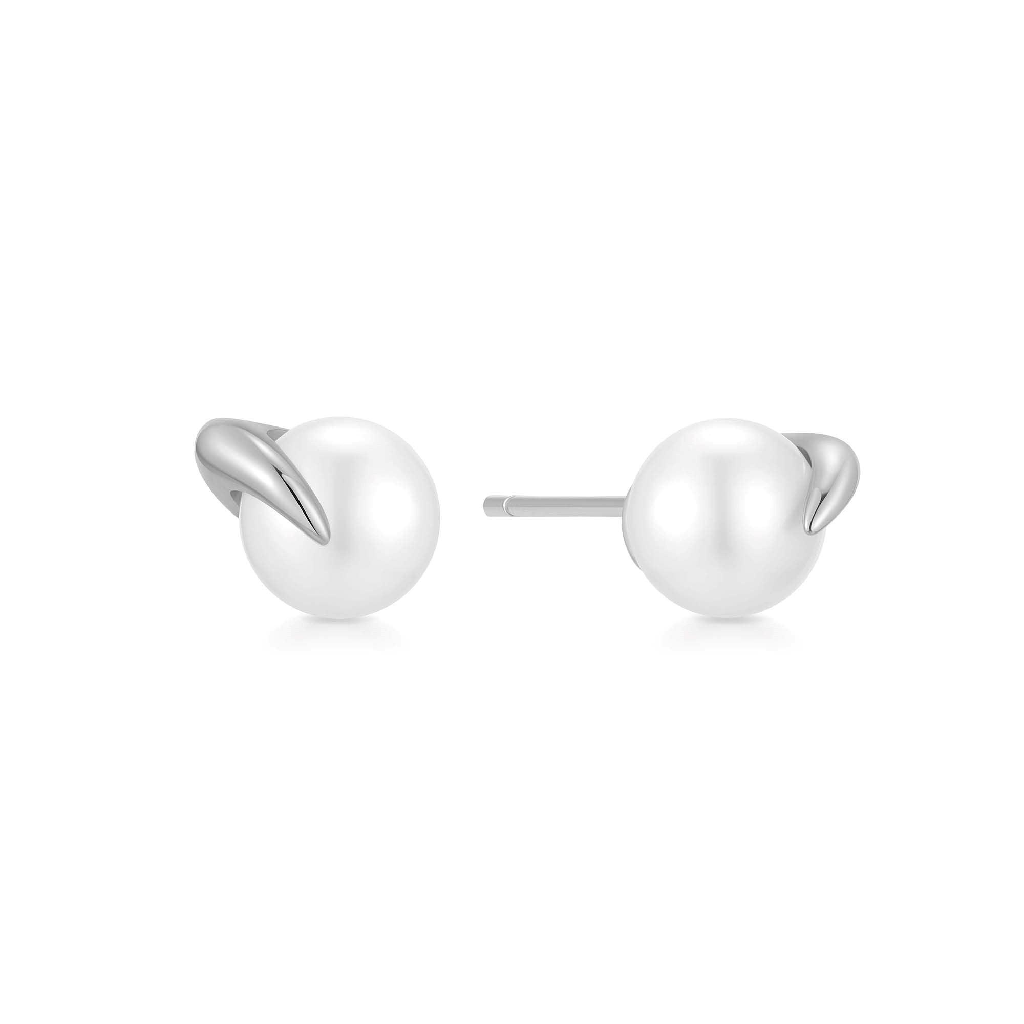 Elegant Silver Pearl Claw Stud Earrings with Rhodium Finish
