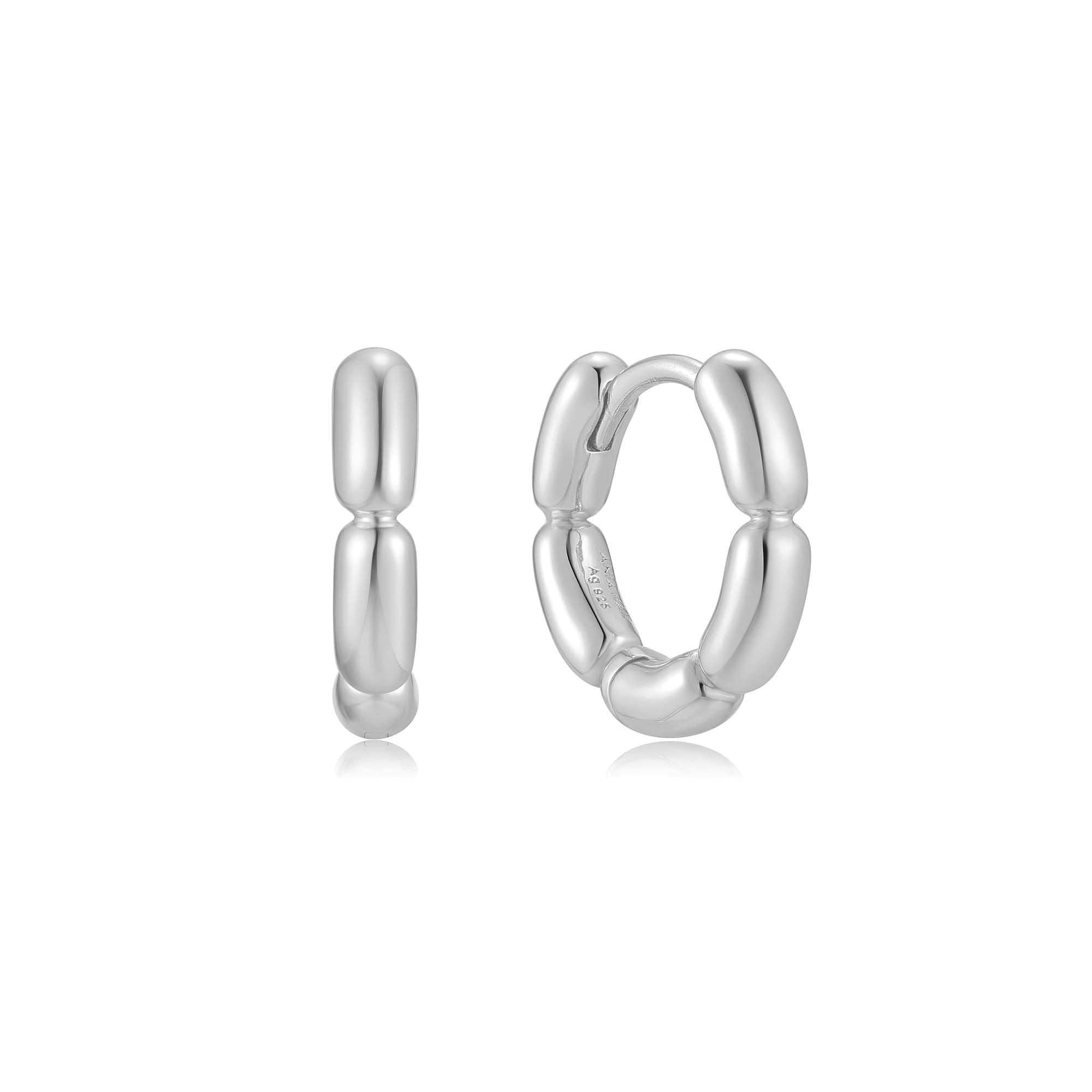 Silver Segmented Puffy Huggie Hoop Earrings with Rhodium Plating