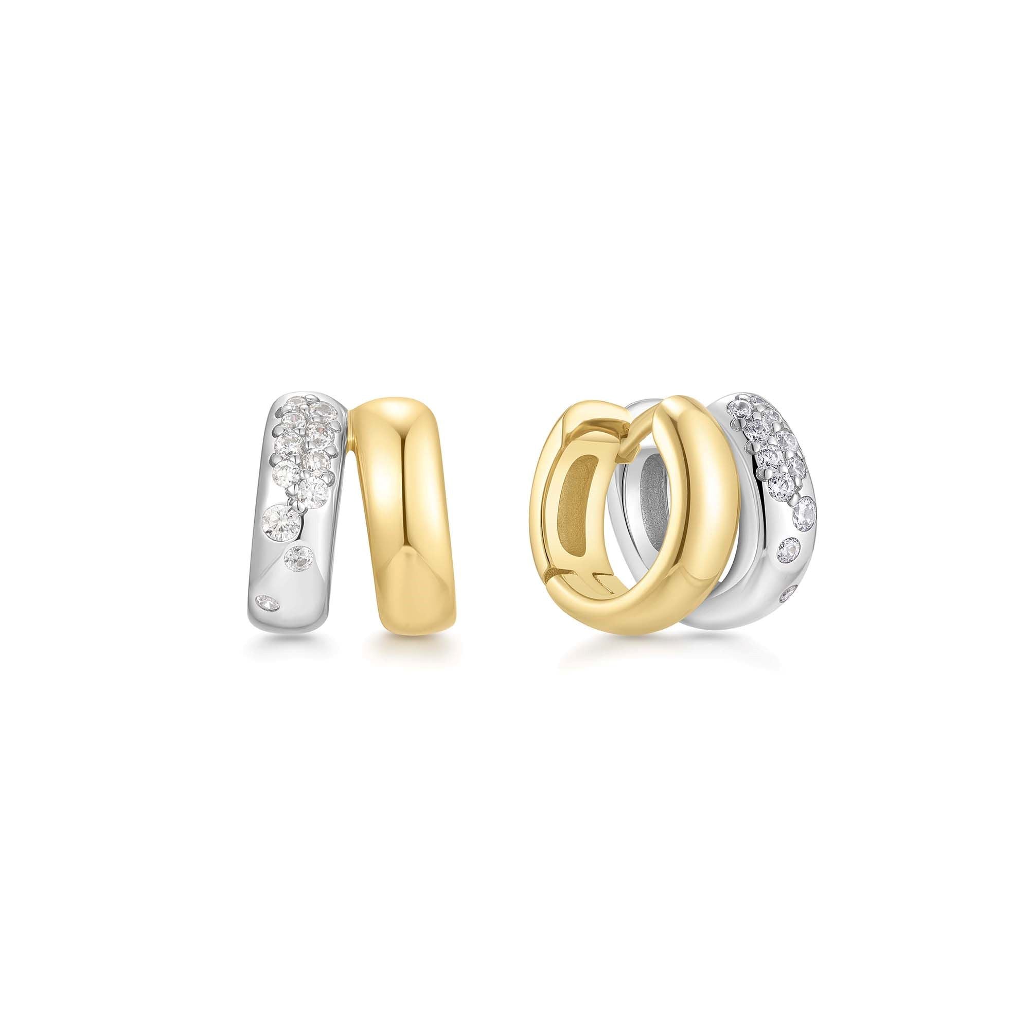 Two-Tone Sparkling Duet Mixed Huggie Hoop Earrings in Sterling Silver