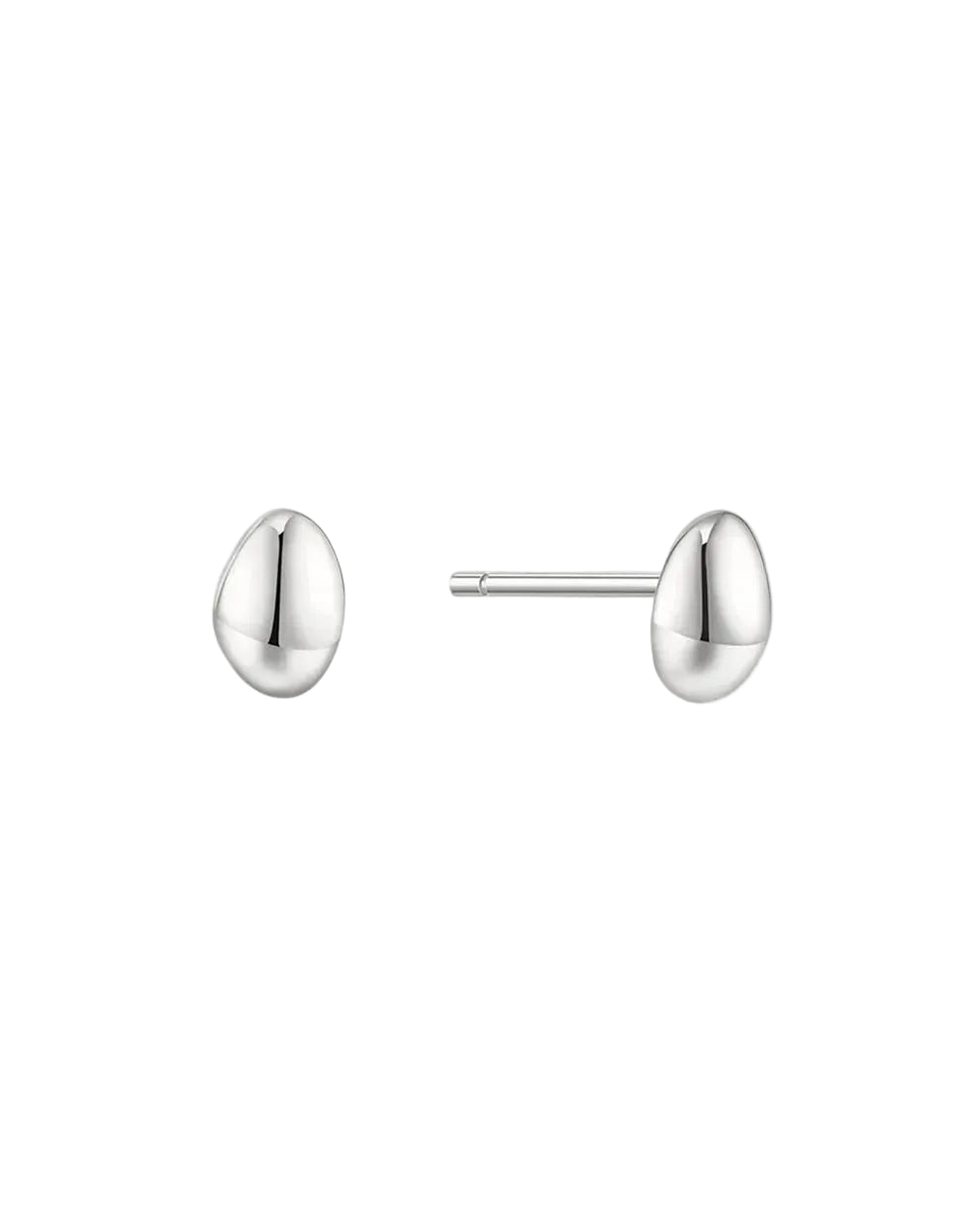 A pair of polished silver stud earrings with a unique teardrop or egg-shaped design, shown on a clean white background with subtle reflections.