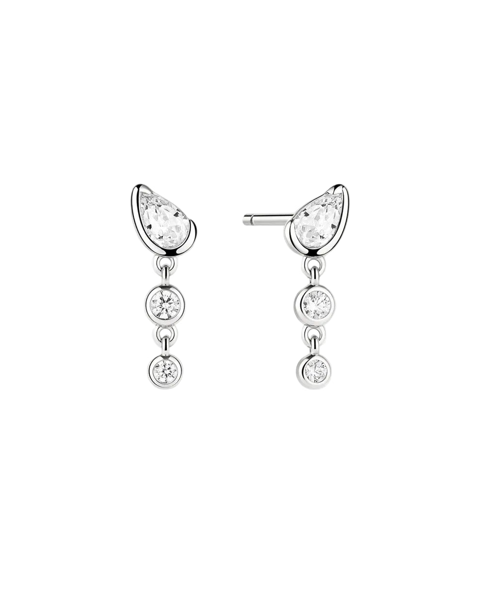 A pair of silver drop earrings with teardrop-shaped clear gemstones and three round clear gemstones dangling below