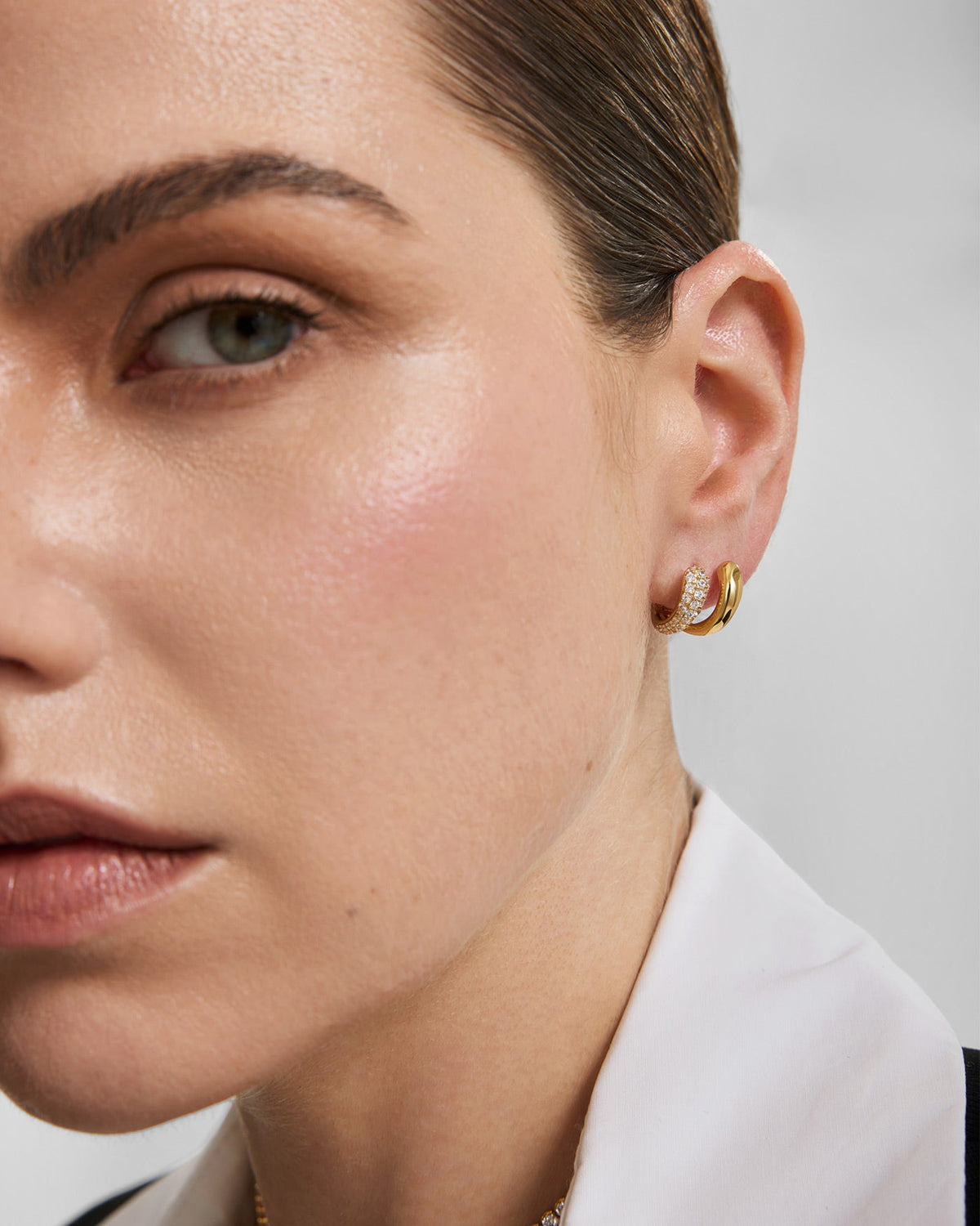 Ania Haie Fluid Light Gold Spiral Half Pavé Huggie Earrings