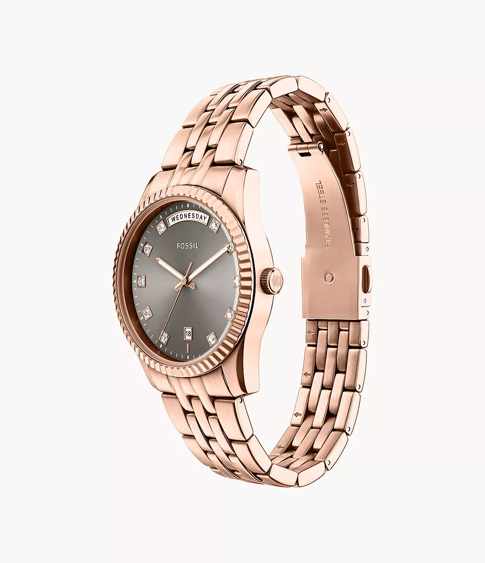 Fossil Scarlette Three-Hand Day-Date Rose Gold-Tone Stainless Steel Women's Watch