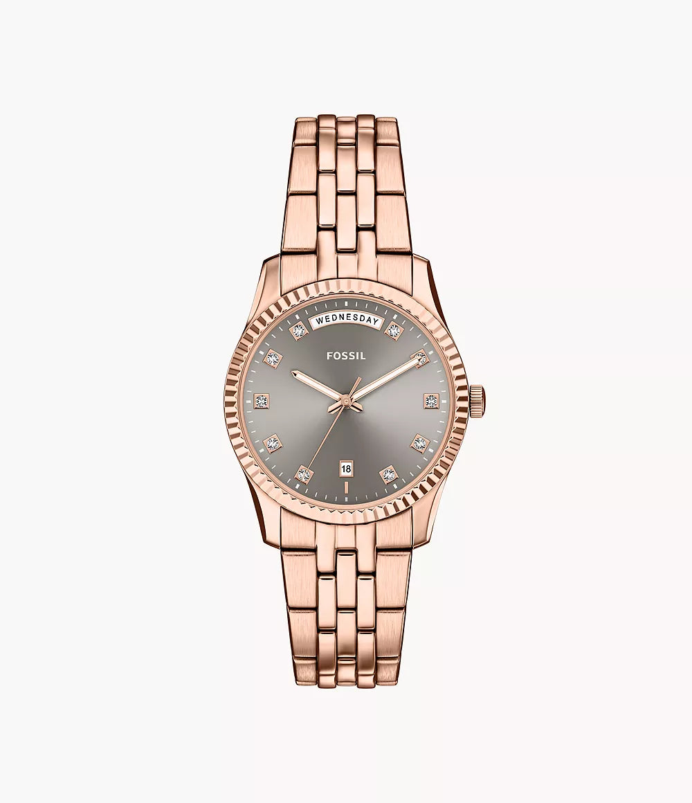 Fossil Scarlette Three-Hand Day-Date Rose Gold-Tone Stainless Steel Women's Watch