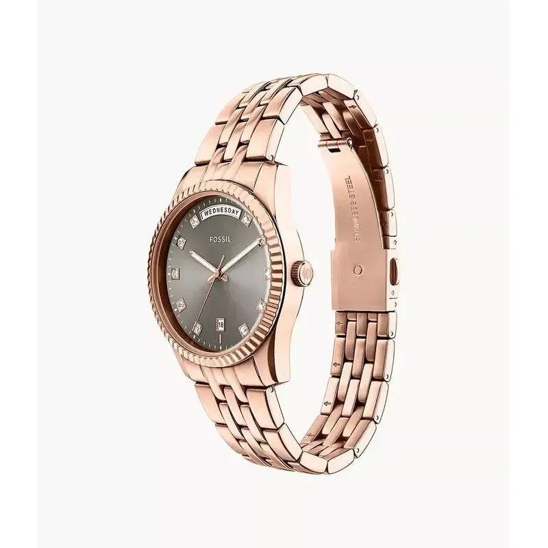 Fossil Scarlette Three-Hand Day-Date Rose Gold-Tone Stainless Steel Women's Watch