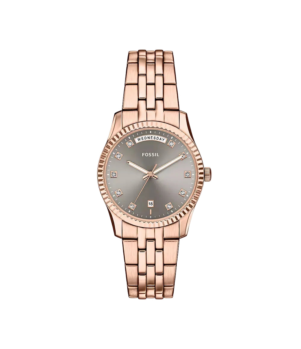 Fossil Scarlette Three-Hand Day-Date Rose Gold-Tone Stainless Steel Women's Watch