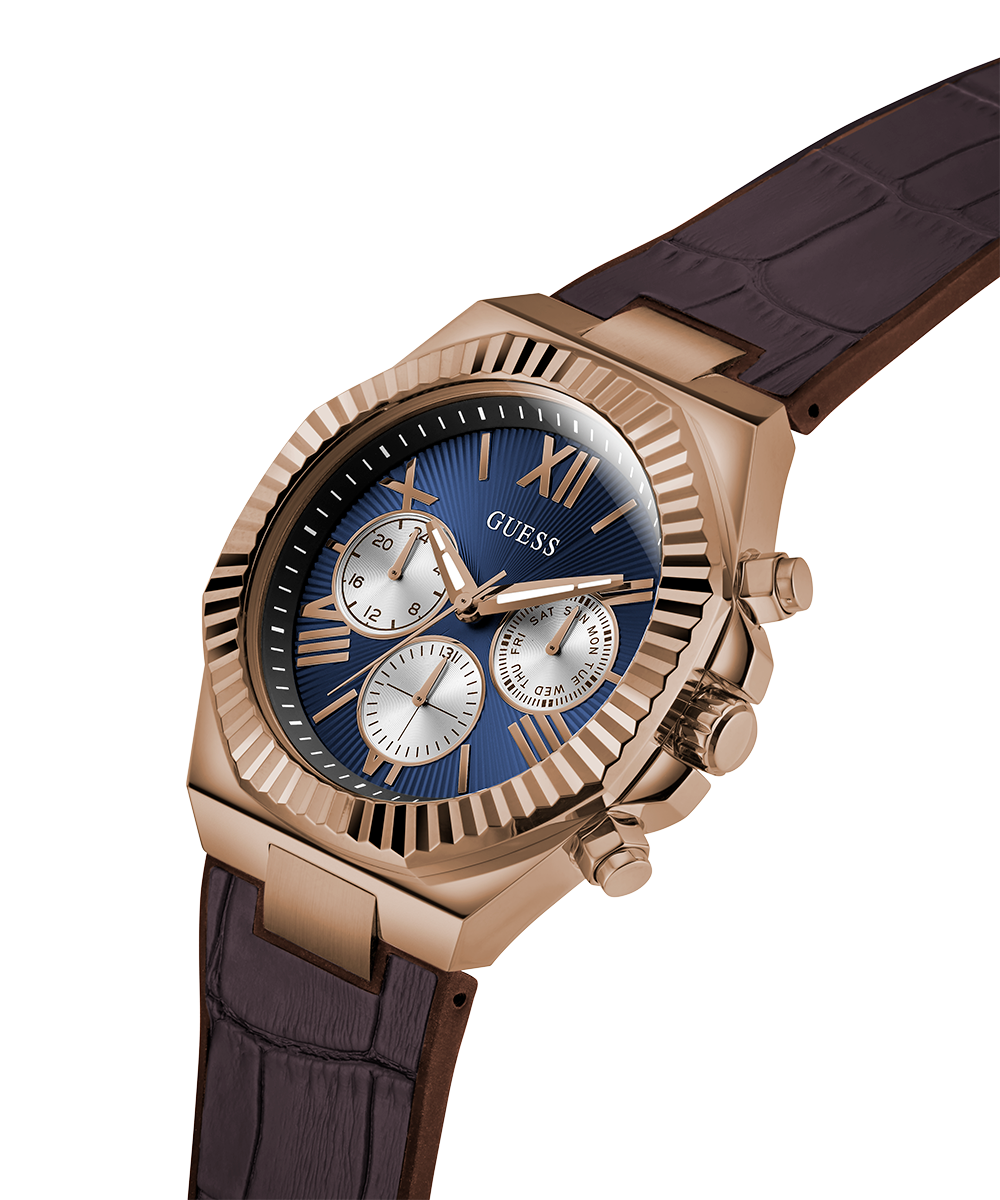 GUESS Men's Equity Brown Coffee Multi‑Function Watch with Blue Dial