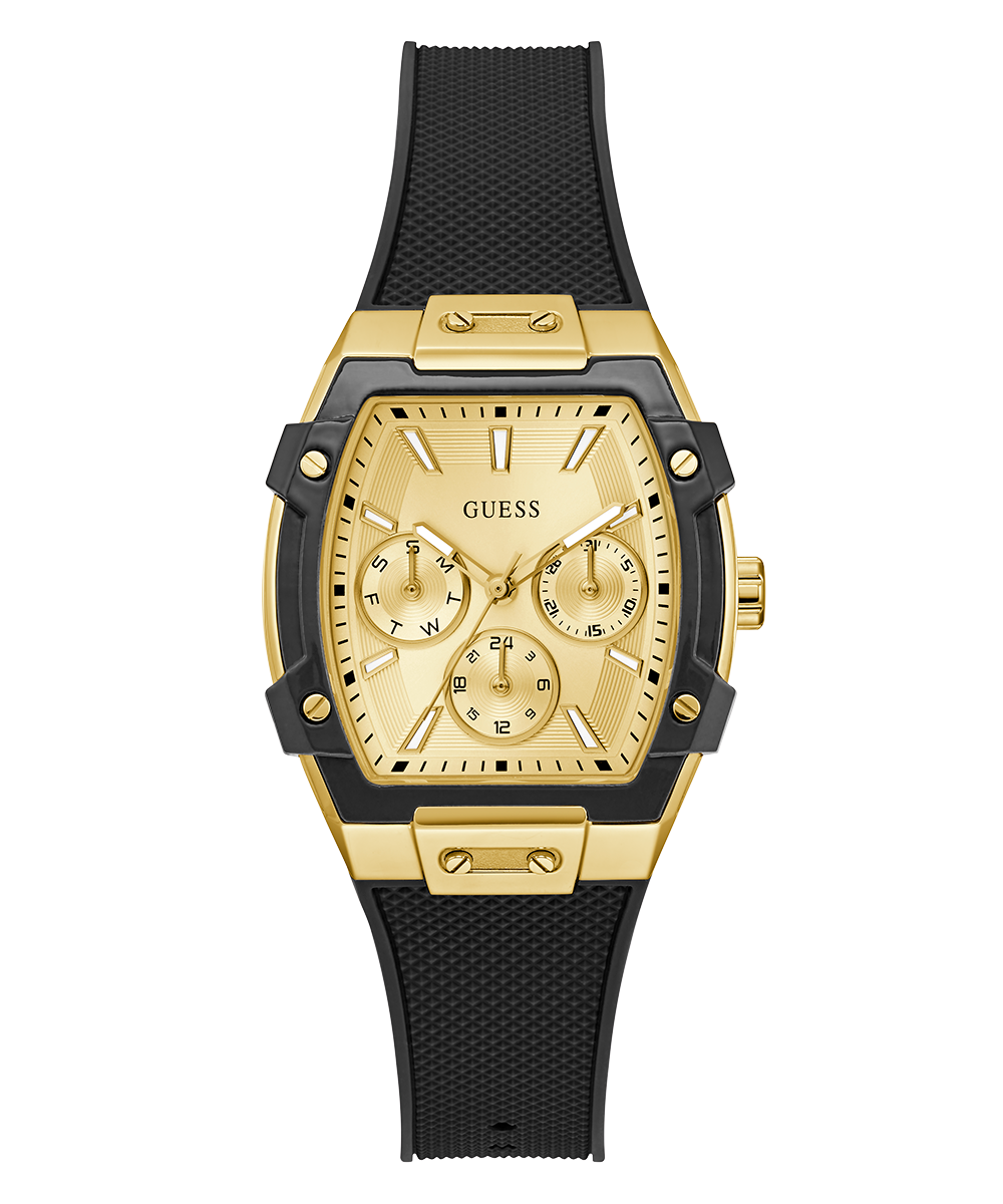 GUESS Ladies Gold-Tone Black Strap Multi-Function Watch Elegant 35mm