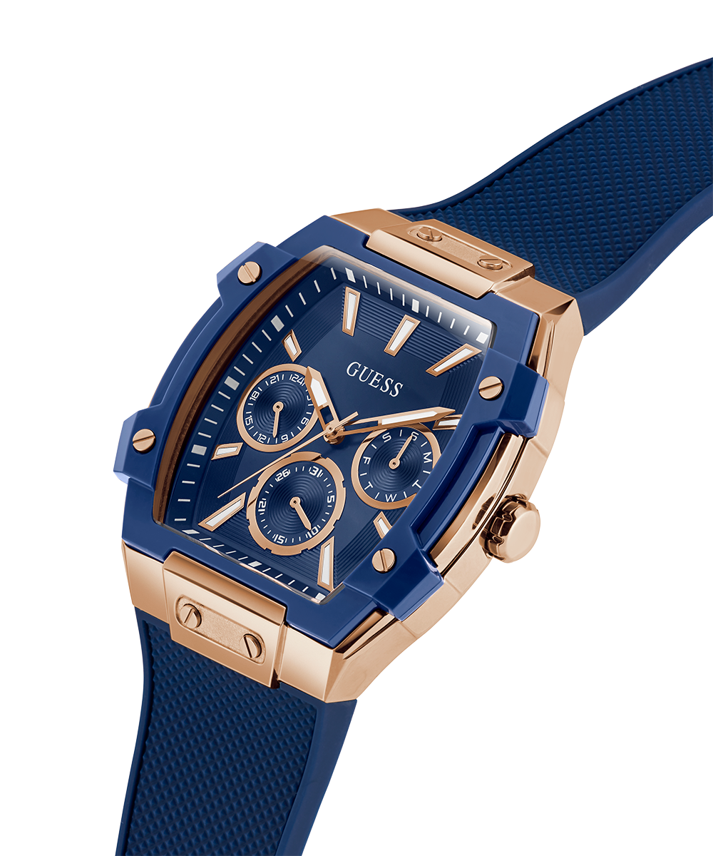 GUESS Men's Blue Rose Gold Multi-Function Watch with Silicone Strap