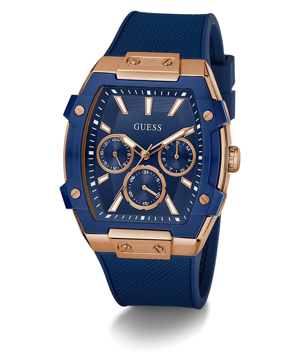 GUESS Men's Blue Rose Gold Multi-Function Watch with Silicone Strap