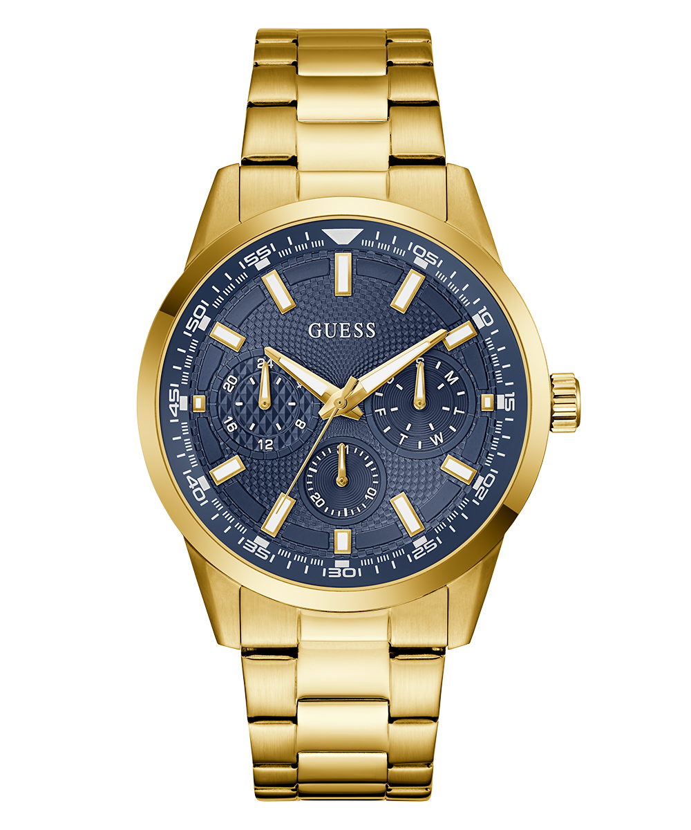 GUESS Men's Gold Tone Multi-Function Watch with Blue Dial