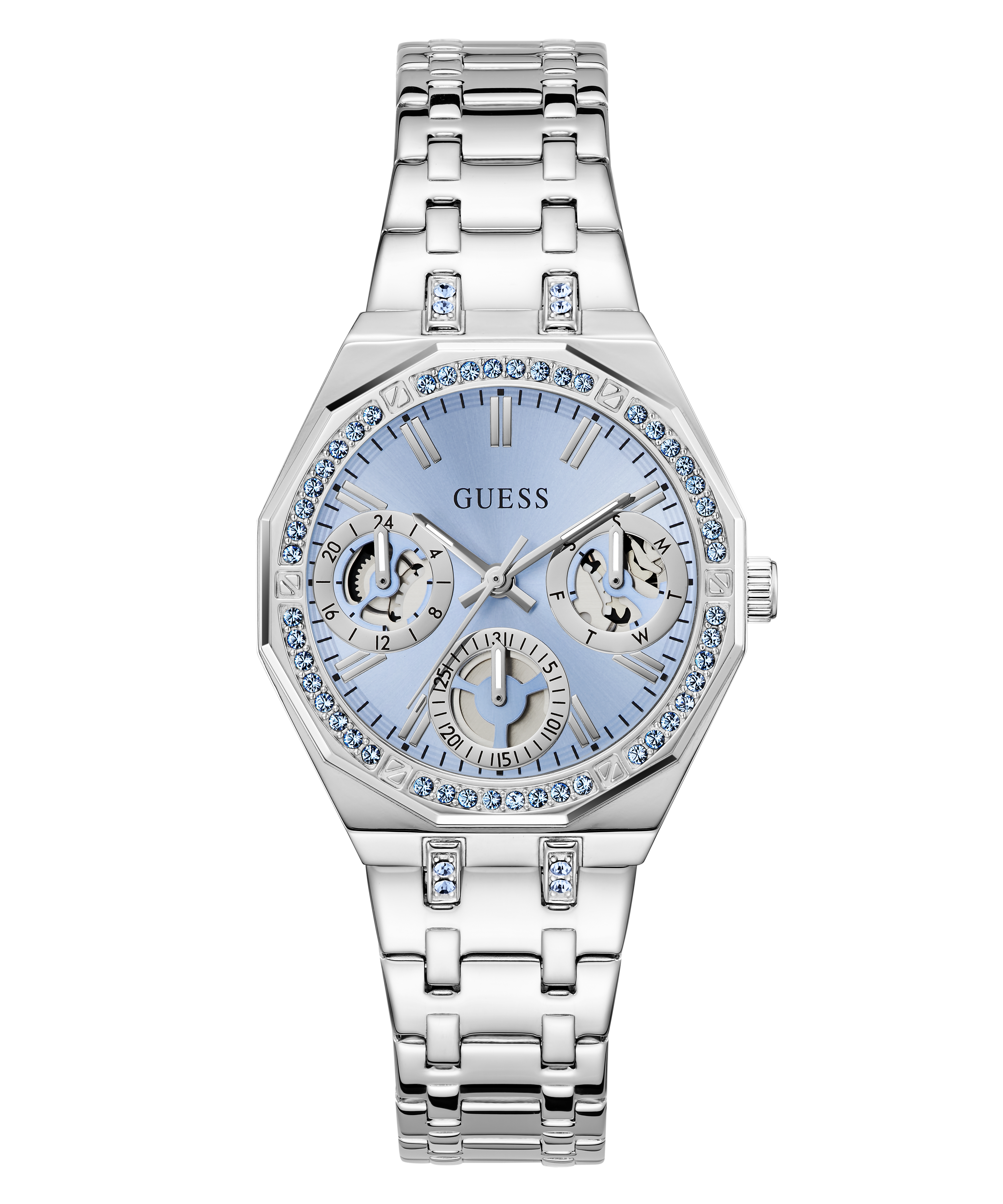 GUESS Ladies Silver Tone Multi-function Watch with Swarovski Crystals