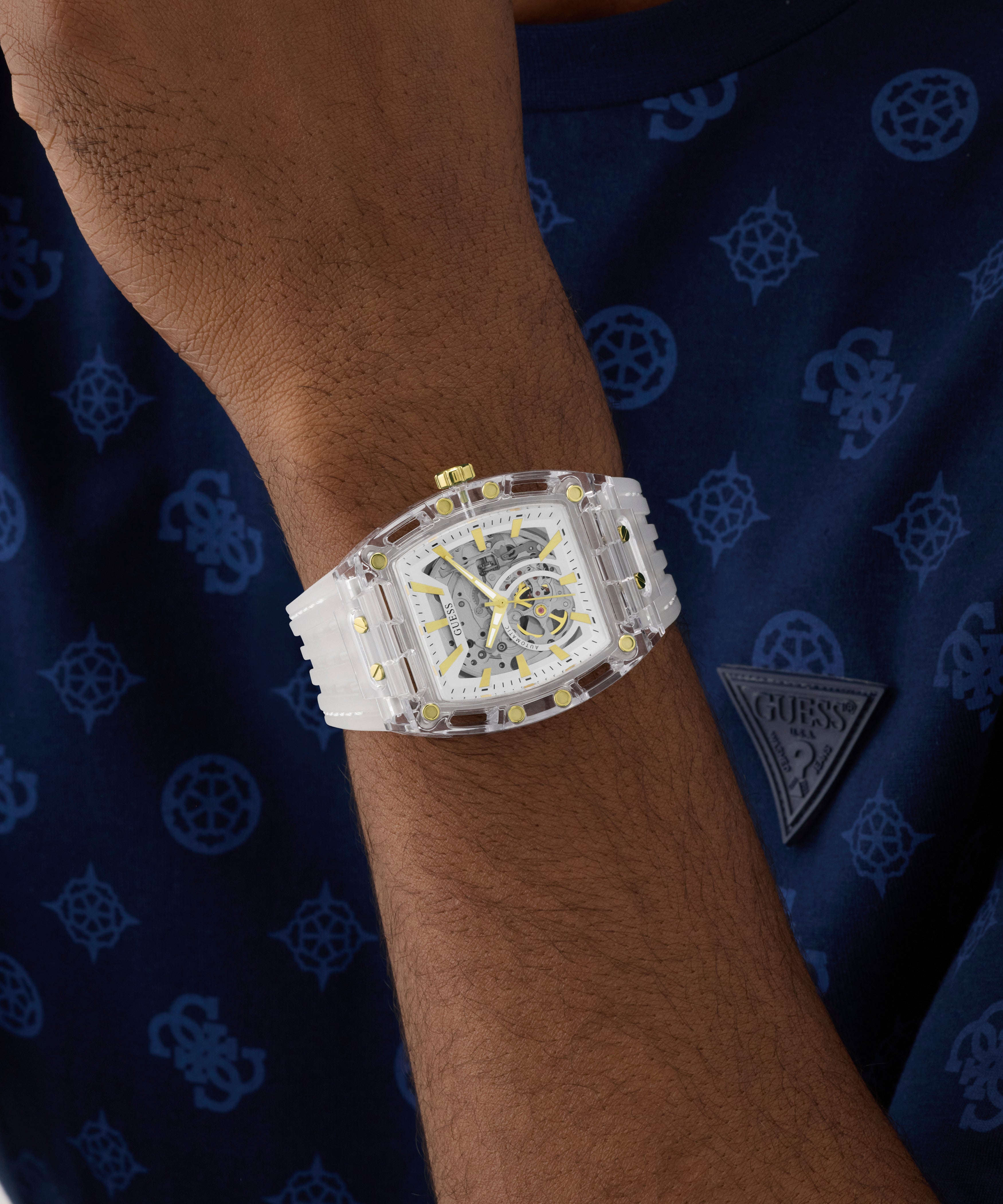 GUESS Men's Clear Analog Watch with Silicone Strap 42mm