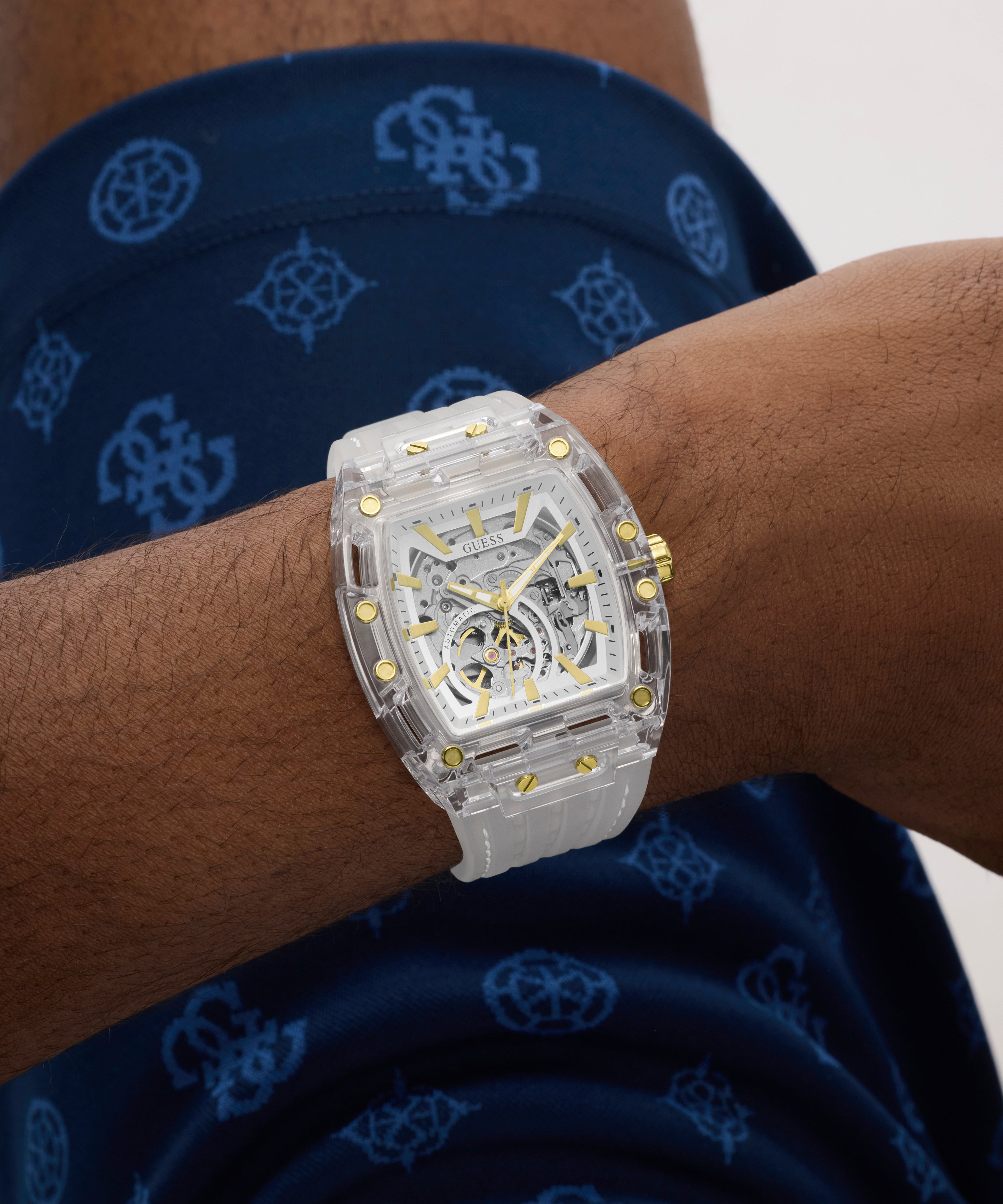 GUESS Men's Clear Analog Watch with Silicone Strap 42mm