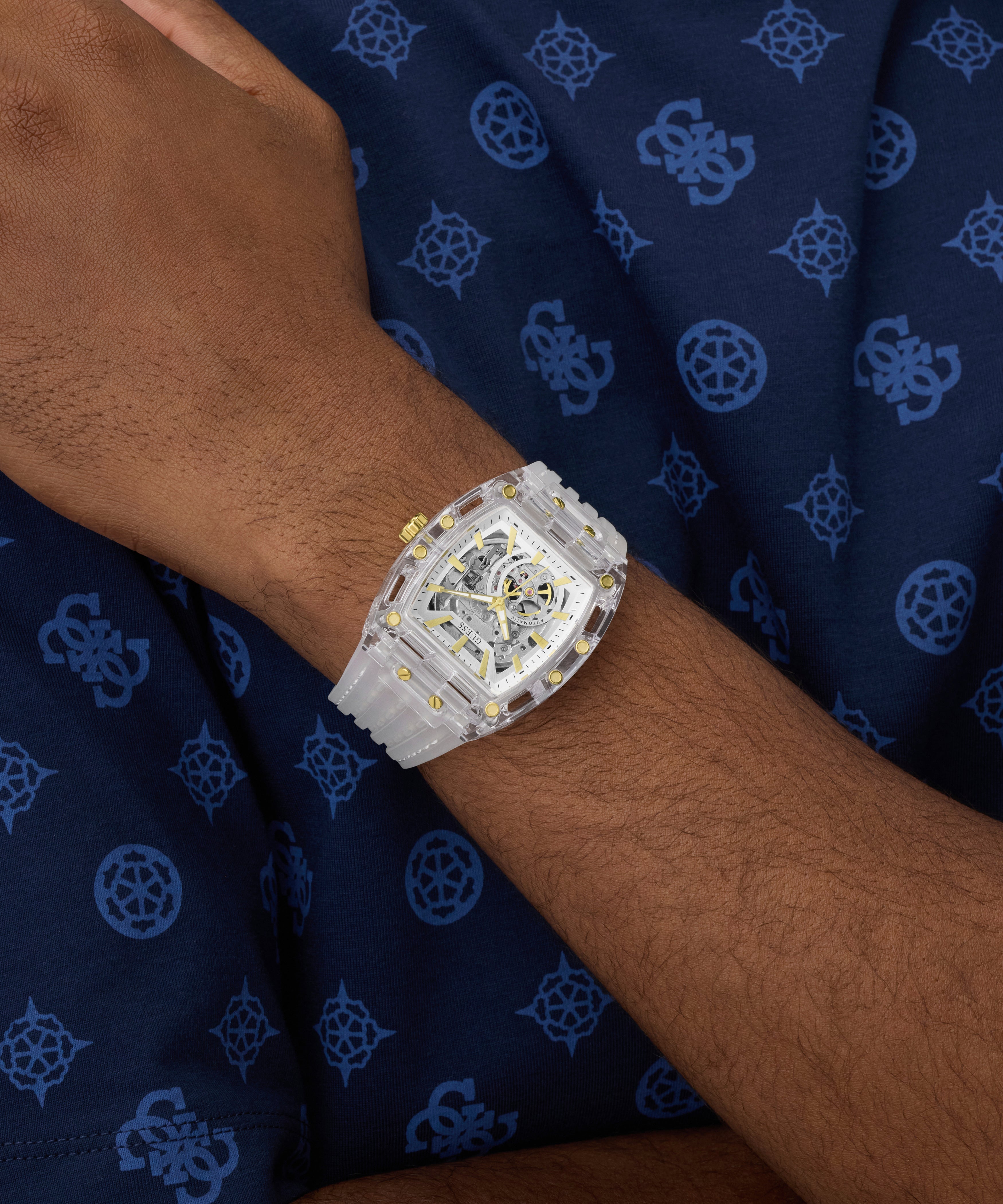 GUESS Men's Clear Analog Watch with Silicone Strap 42mm