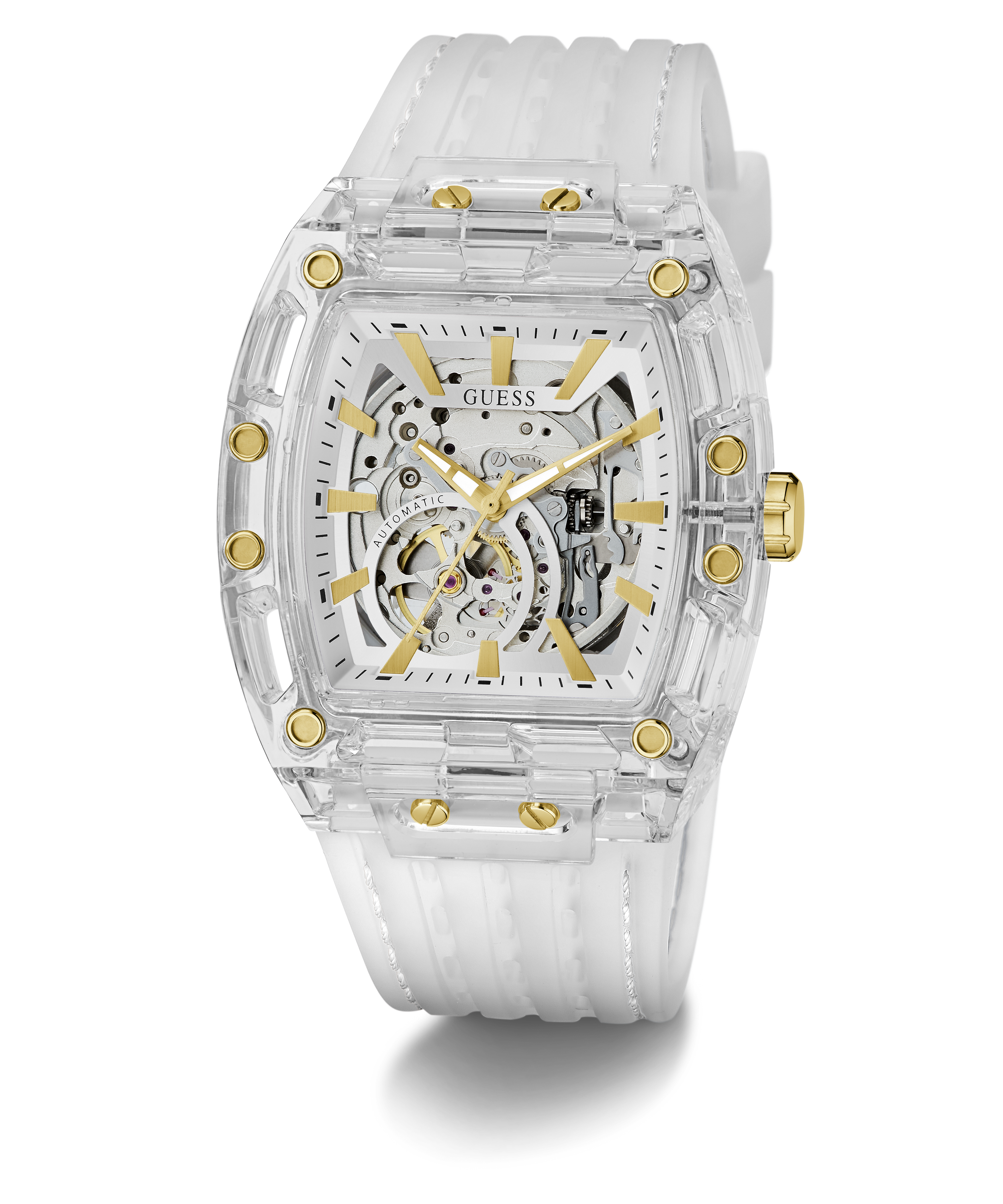 GUESS Men's Clear Analog Watch with Silicone Strap 42mm
