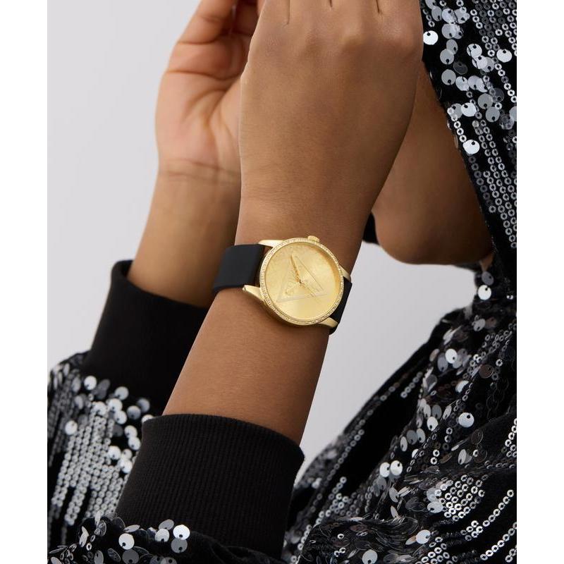 Guess Black Gold-Tone Analog Watch with Silicone Strap