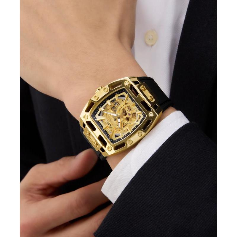 Guess Black Gold Tone Automatic Watch with Silicone Strap