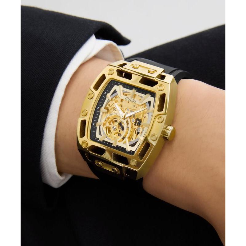 Guess Black Gold Tone Automatic Watch with Silicone Strap