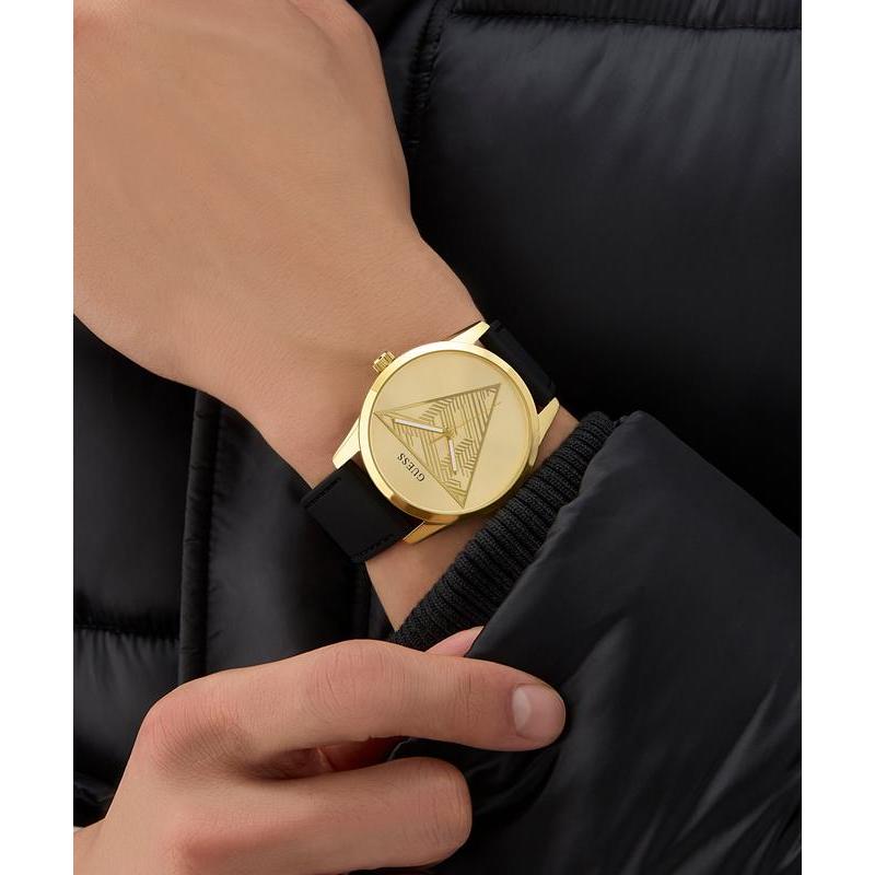 Guess Black Gold Tone Multi‑Function Silicone Strap Watch