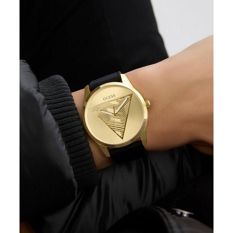 Guess Black Gold Tone Multi‑Function Silicone Strap Watch