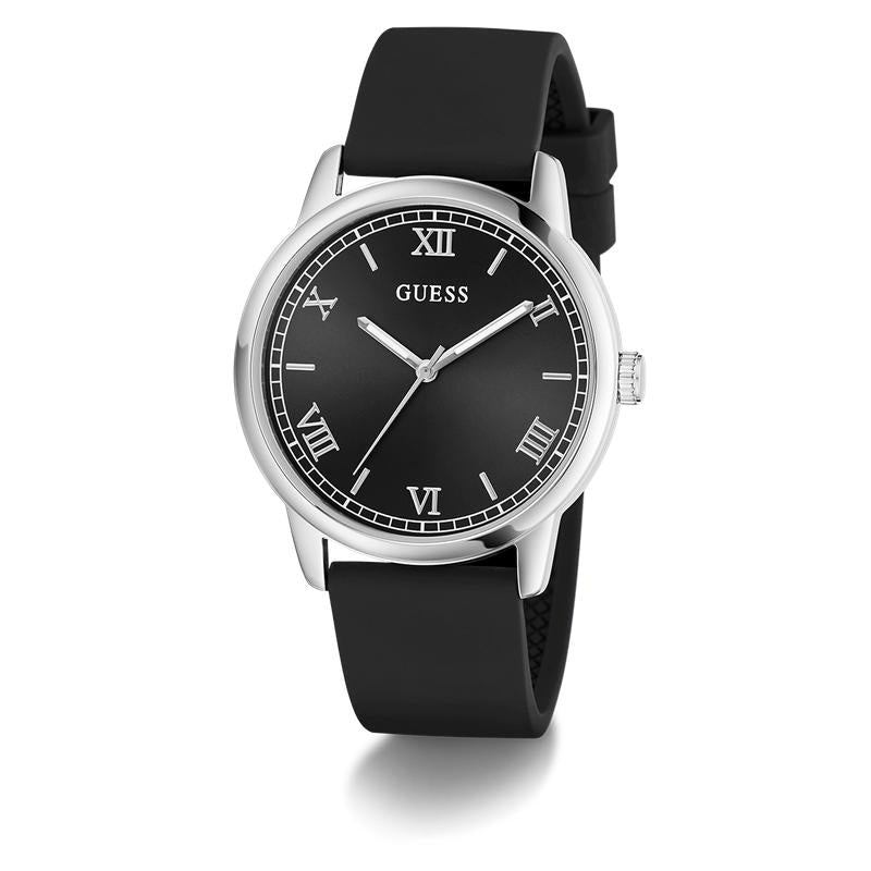 Guess Black Silicone Strap Silver-Tone Analog Watch 40mm