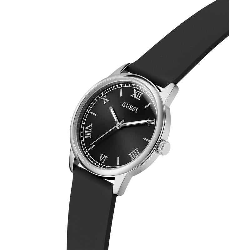 Guess Black Silicone Strap Silver-Tone Analog Watch 40mm