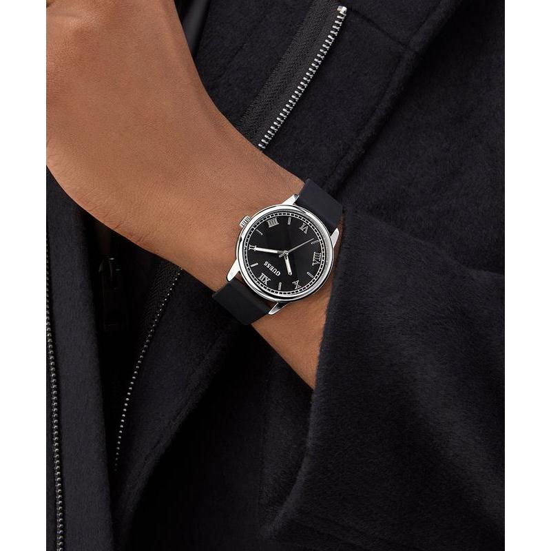Guess Black Silicone Strap Silver-Tone Analog Watch 40mm