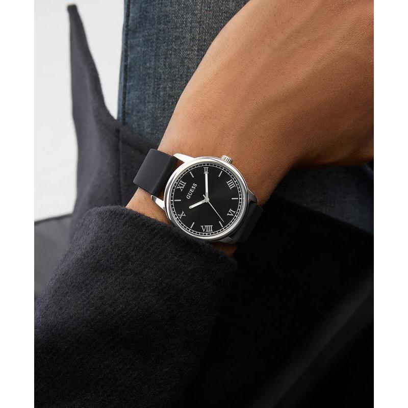 Guess Black Silicone Strap Silver-Tone Analog Watch 40mm