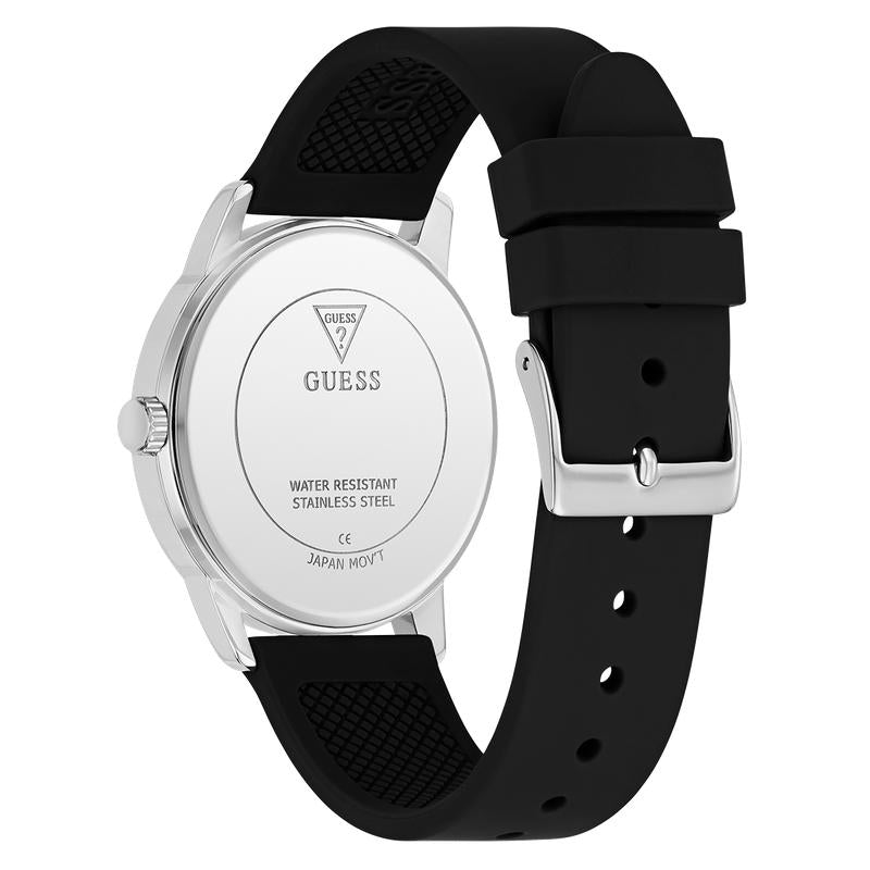 Guess Black Silicone Strap Silver-Tone Analog Watch 40mm