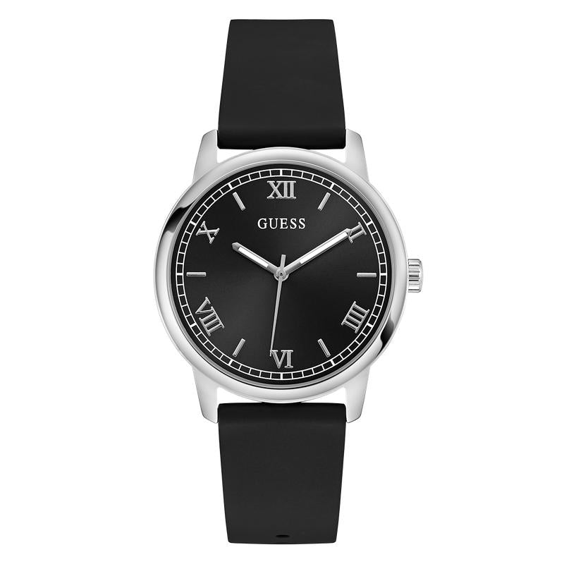 Guess Black Silicone Strap Silver-Tone Analog Watch 40mm