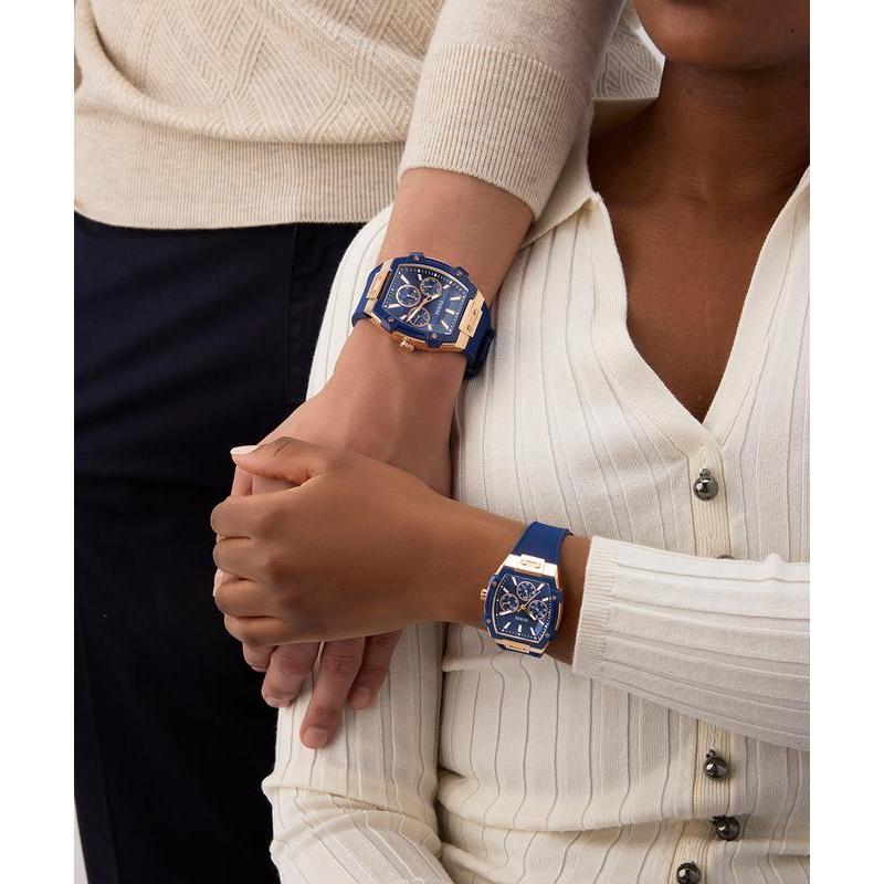 Guess Blue Rose Gold Multi-Function Watch with Silicone Strap