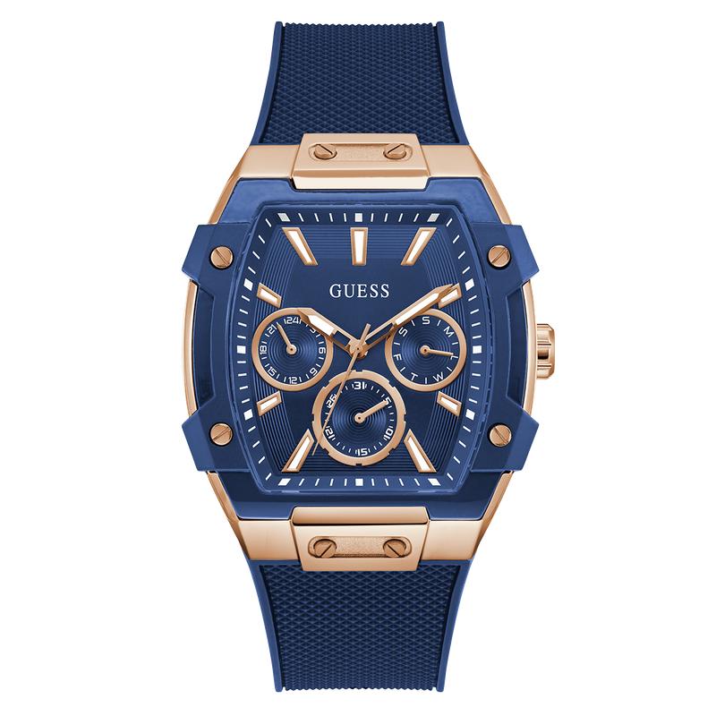 Guess Blue Rose Gold Multi-Function Watch with Silicone Strap
