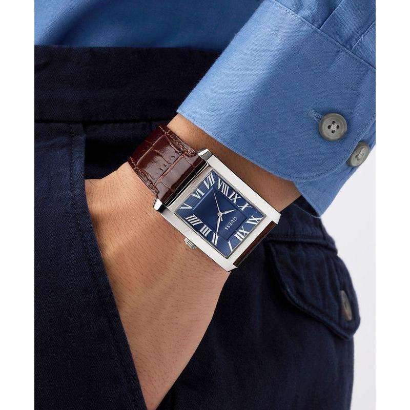Guess Brown Leather Analog Watch – Silver Tone Case, Blue Dial