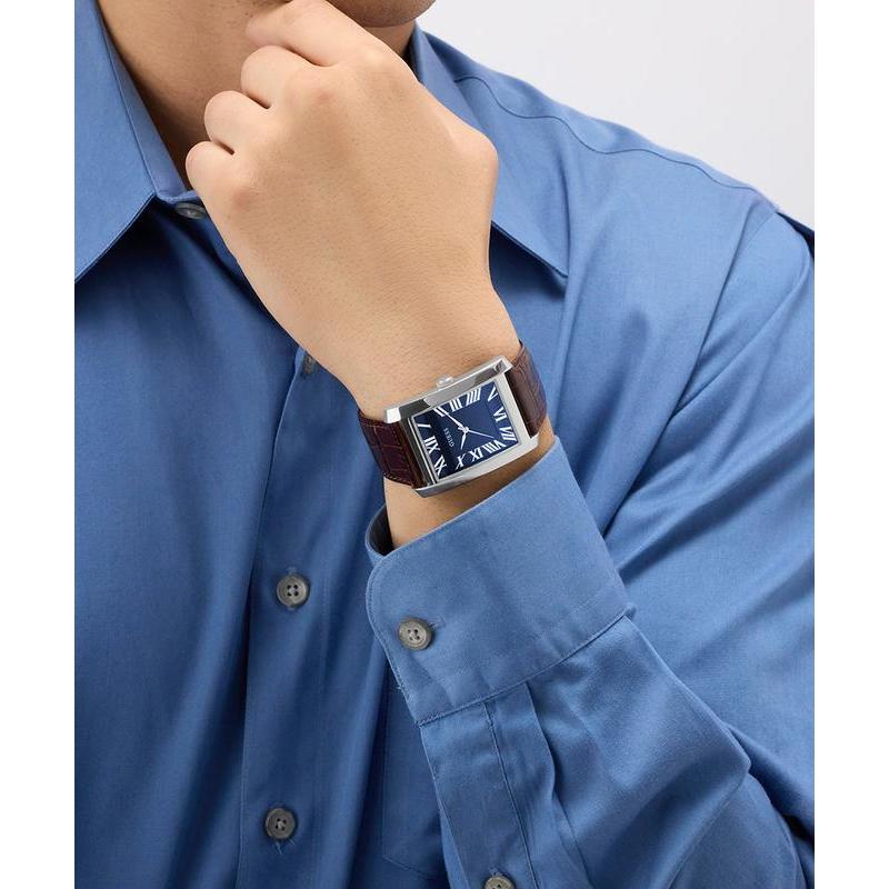 Guess Brown Leather Analog Watch – Silver Tone Case, Blue Dial