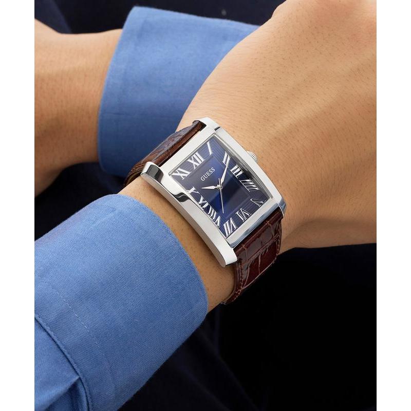 Guess Brown Leather Analog Watch – Silver Tone Case, Blue Dial