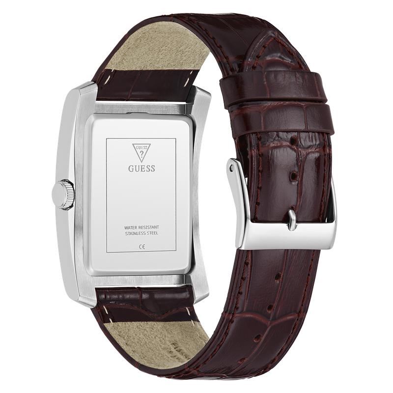 Guess Brown Leather Analog Watch – Silver Tone Case, Blue Dial