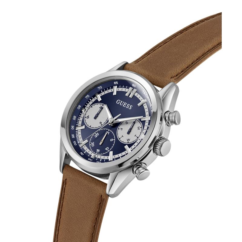 Guess Brown Leather Strap Blue Dial Multi-Function Watch