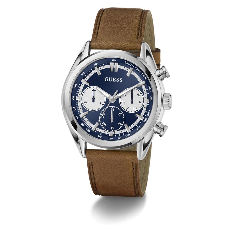 Guess Brown Leather Strap Blue Dial Multi-Function Watch